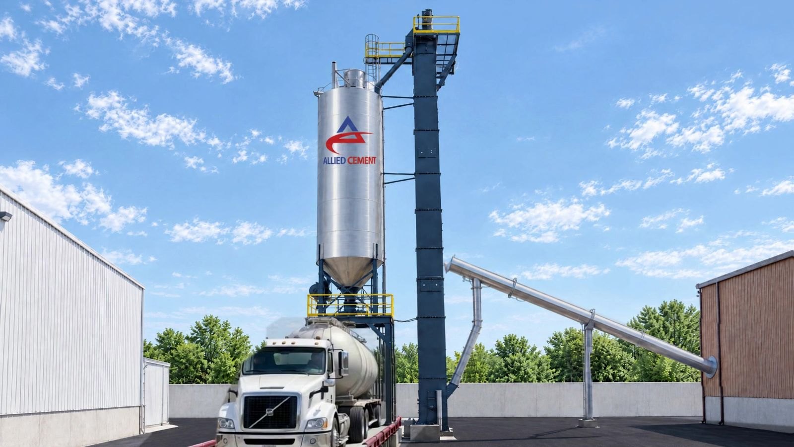 Allied Cement silo and bucket elevator loading a bulk tanker