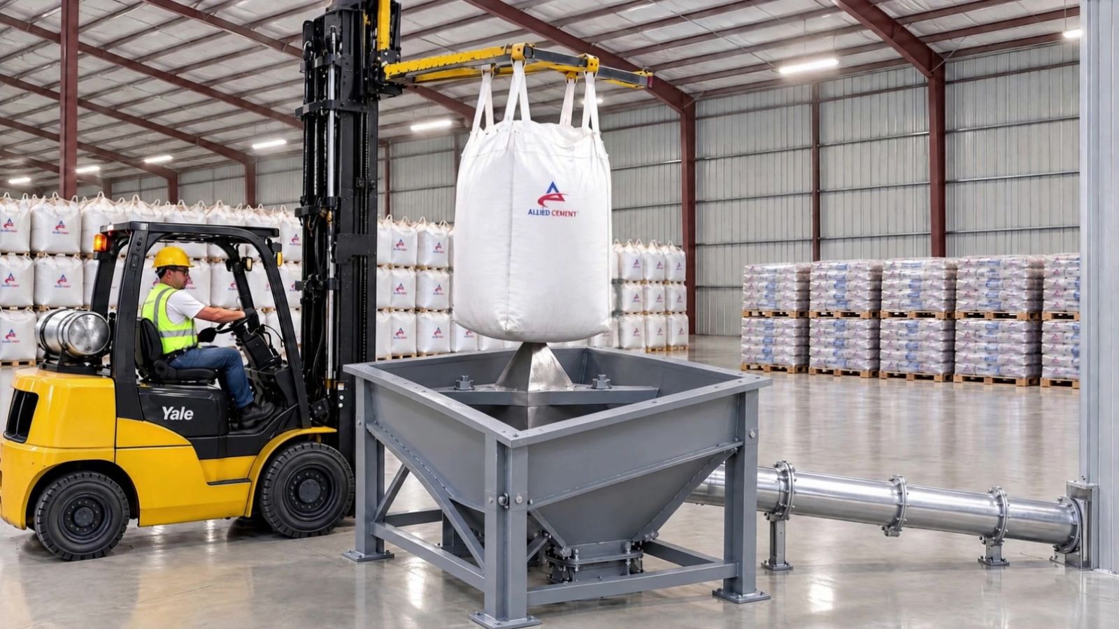Forklift lifting an Allied Cement jumbo bag in the warehouse